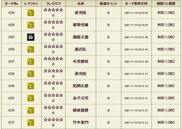 戦くじ1116極履歴